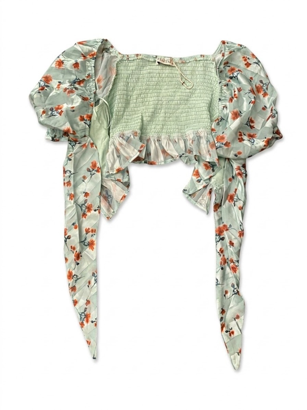 Smocked Sage Green Floral Tie-Front Crop Top